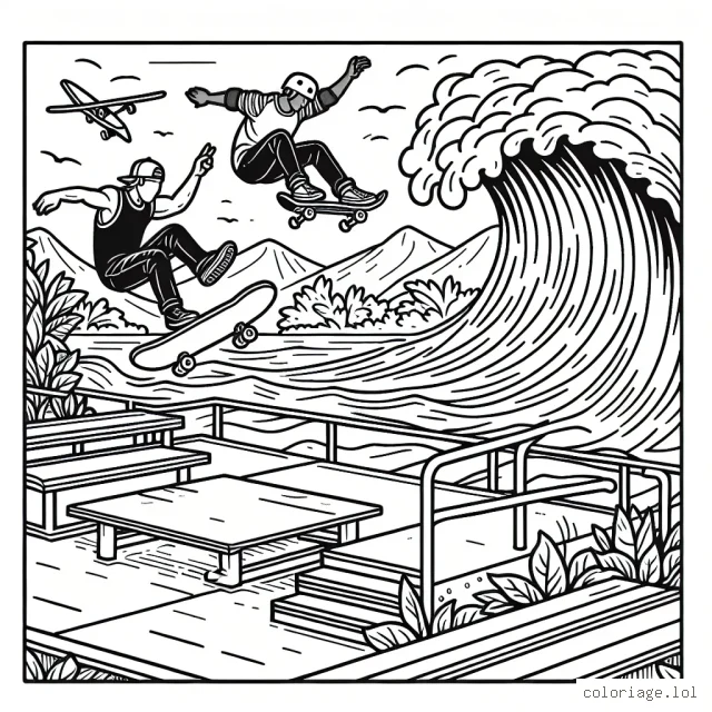 Une scène de sports extrêmes où un skater effectue une figure aérienne au dessus du skatepark tandis qu'un surfeur chevauche une vague géante à l'arrière-plan