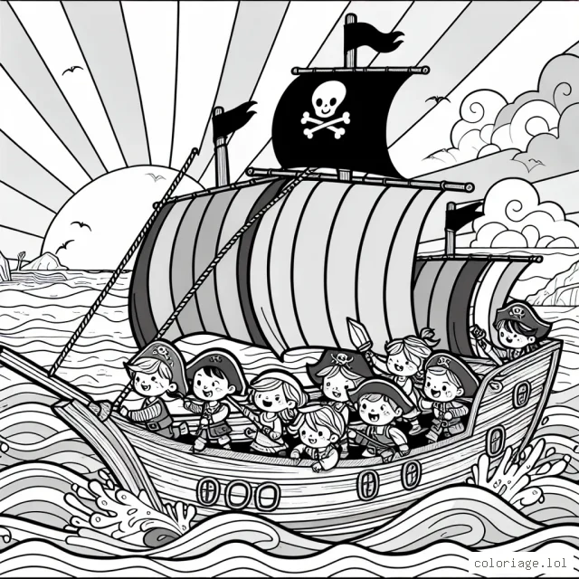 Une brigade de petits pirates naviguant sur l'océan à bord de leur grand navire en bois, avec en fond un coucher de soleil éclatant et une île au trésor à l'horizon