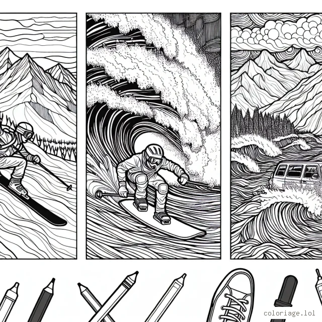 Imagine un artiste audacieux effectuant des sports extrêmes ! Peux-tu colorier cette scène haute en montagnes, vidée d'où se précipite un skieur, la contrainte de fer de la jungle urbaine avec un skateur impressionnant, et l'océan tumultueux avec un surfeur intrépide ?