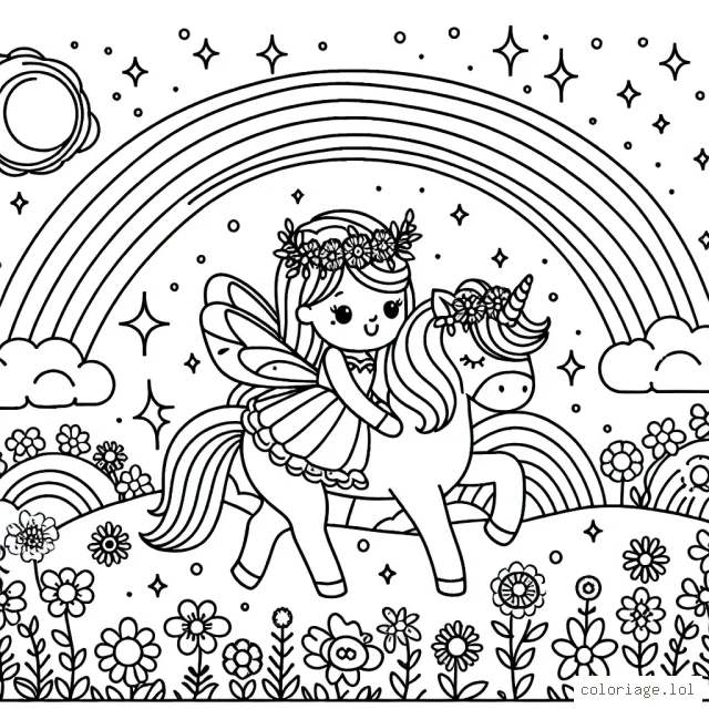 Une princesse fées est en train de promener son licorne magique dans des champs remplis de fleurs colorées. Il y a un arc-en-ciel brillant dans le ciel.