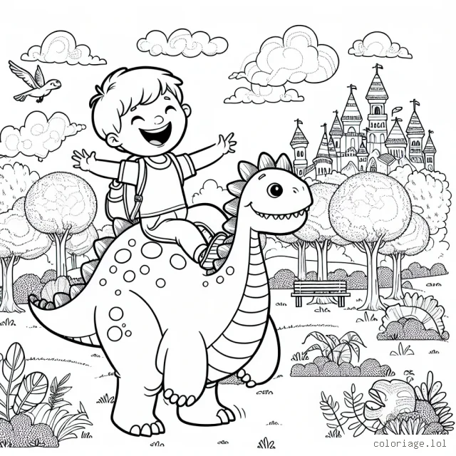 Un petit garçon chevauche joyeusement un dinosaure géant dans un parc imaginaire peuplé de créatures fantastiques