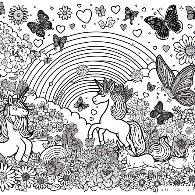 Un magnifique jardin féerique habité par des licornes, des fées et des papillons, rempli de fleurs multicolores et d'arcs-en-ciel.