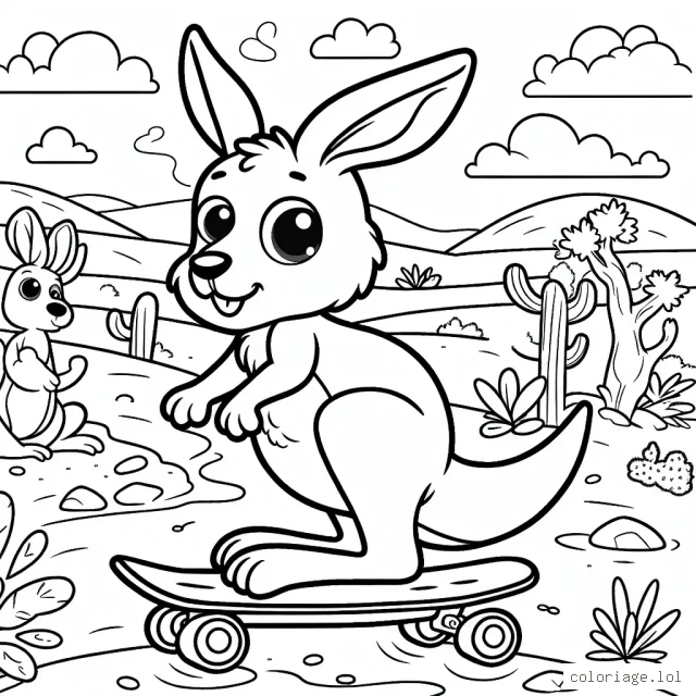 Un kangourou joyeux qui fait du skateboard dans le désert australien