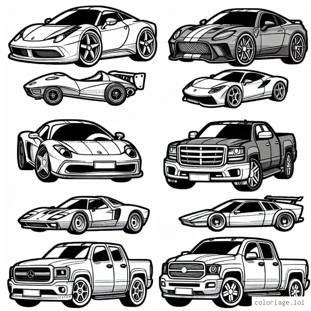 Dessine et colore les voitures emblématiques de différentes marques comme Ferrari, BMW, Mercedes-Benz, Toyota, Ford et Lamborghini.