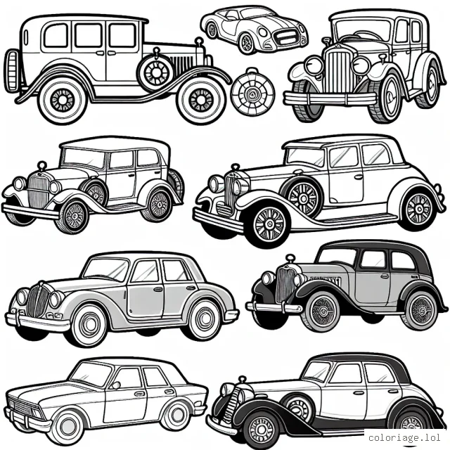 Dessine une variété de voitures de différentes marques, modèle, et époques. Essayes de reconnaître chaque marque et modèle en coloriant. Choisis les couleurs de ton choix pour peindre chaque voiture de sa meilleure apparence.