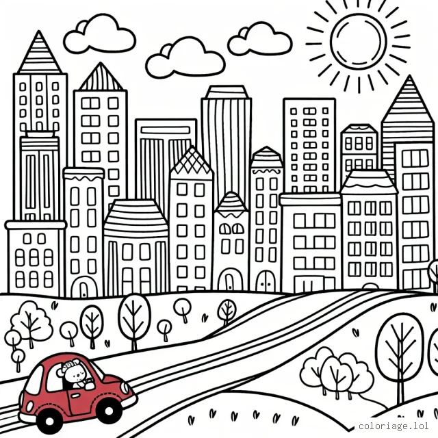 Imagine une petite voiture rouge qui se promène dans un paysage urbain animé.