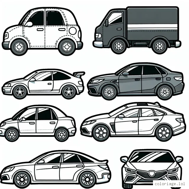 Dessine et colorie une sélection de voitures de marques populaires. Assure-toi d'inclure plusieurs marques comme Ford, Toyota, BMW et Mercedes.