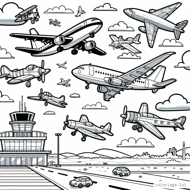 Plusieurs types d'avions volent dans le ciel clair d'une après-midi ensoleillée. Il y a un grand avion de ligne, un avion de chasse rapide, un avion à hélices classique et même un petit avion télécommandé que les enfants adorent. Au sol, on peut voir l'aéroport avec la tour de contrôle, la piste d'atterrissage et tous les détails afférents.