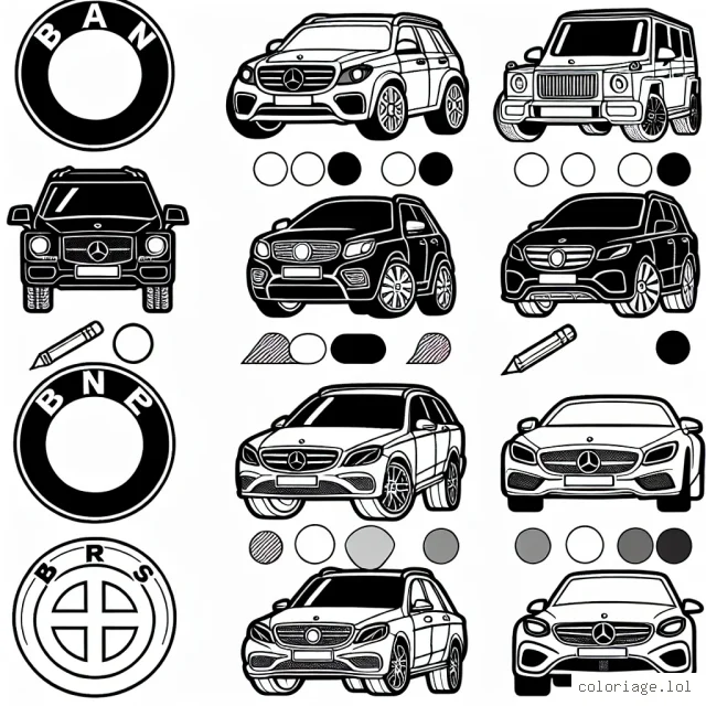 Chacune des images représente une voiture de marque différente. Ton devoir est de reconnaître la marque de la voiture et colorier chaque voiture selon les couleurs réelles du logo de la marque. Amuse-toi bien!