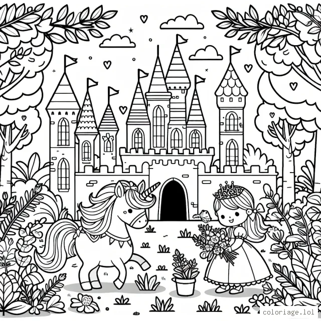Un château féerique entouré de la faune et de la flore, avec une petite princesse jouant avec son licorne magique à l'avant-plan.