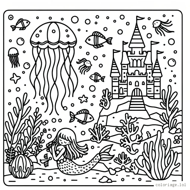 Un monde féérique sous la mer avec des poissons colorés, un château de coraux et une sirène jouant avec une méduse
