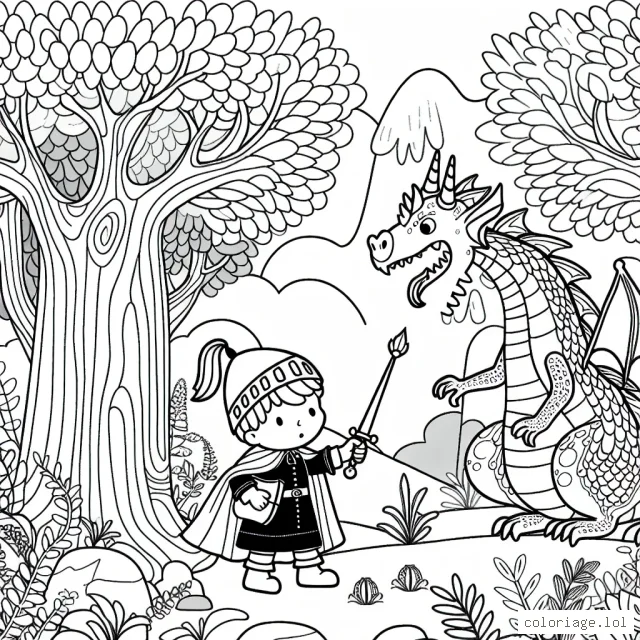 Un petit garçon en costume de chevalier fait face à un dragon amical dans une forêt enchantée aux arbres spéciaux et aux plantes luxuriantes.