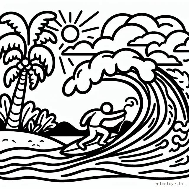 Dessine un surfeur se préparant à affronter une grande vague bleue sous un ciel ensoleillé, avec des palmiers en arrière-plan.