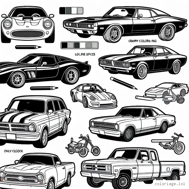 Sur cette page de coloriage, vous trouverez différentes voitures classées par marque. Il y a une variété de marques telles que Ferrari, Renault, BMW, Ford et plus encore.