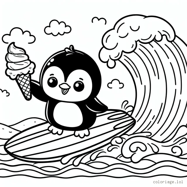 Un pingouin mignon en train de faire du surf sur une vague géante tout en tenant une glace à la nageoire