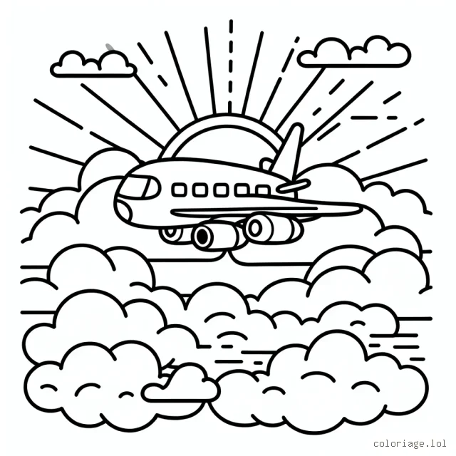 Dessiner un avion de ligne survolant les nuages avec le lever du soleil en arrière-plan