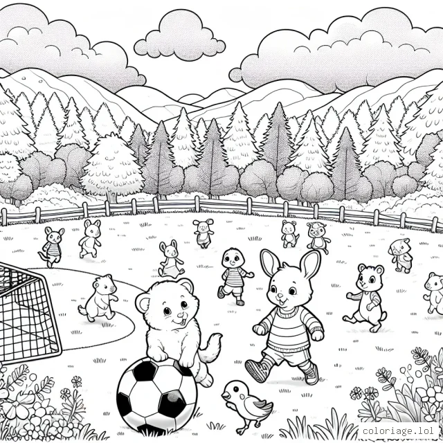Imagine un scène joyeuse de petits animaux jouant au football dans une clairière, entouré d'un paysage naturel luxuriant.