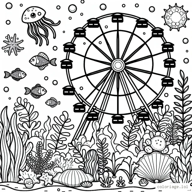 Dessine un parc d'attractions sous-marin avec des poissons, des algues et une grande roue.