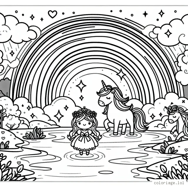 Sous un arc-en-ciel lumineux, une adorable petite princesse joue avec des licornes majestueuses au bord du lac.