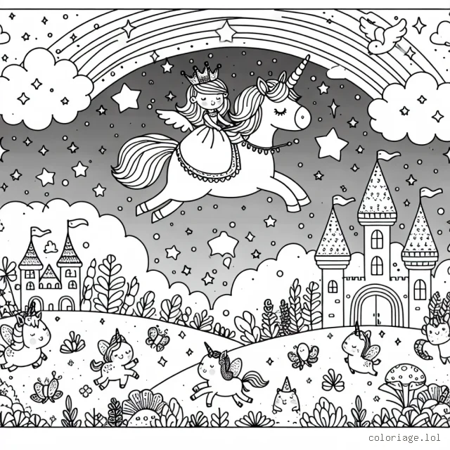 Un monde féerique se dévoile avec une princesse souriante montée sur une licorne volante, traversant un ciel rempli d'étoiles scintillantes et au-dessus d'un royaume peuplé de petits animaux adorables.