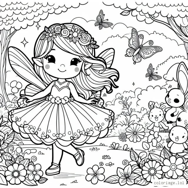 Dessine et colorie une princesse féerique qui se promène dans un jardin magique plein de fleurs et d'animaux enchantés.