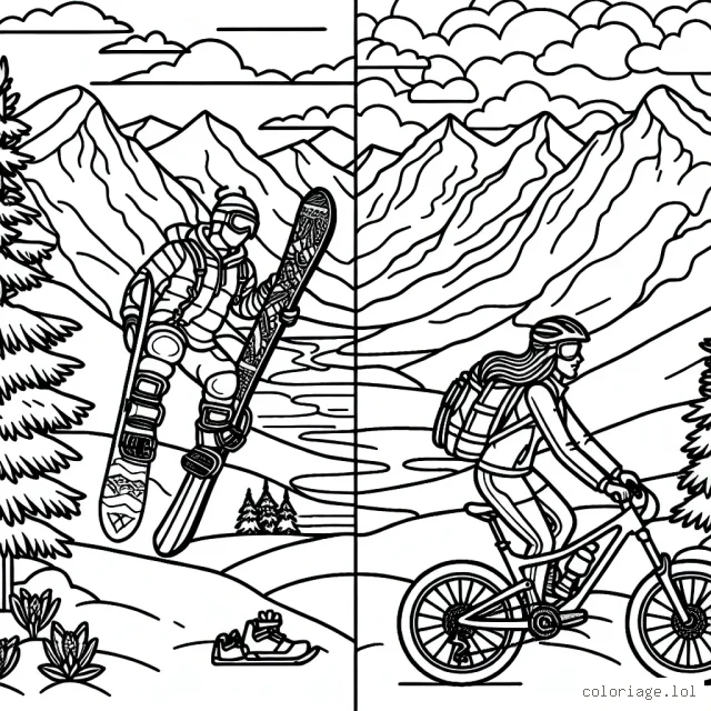 Deux sportifs s'aventurent sur les grandes montagnes rocheuses, l'un avec son snowboard en hiver et l'autre avec son vélo de montagne en été. Ils sont chacun dans leur moitié de la scène, créant un contraste entre les saisons. Votre mission est de mettre en valeur cette image en utilisant une variété de couleurs vibrantes.