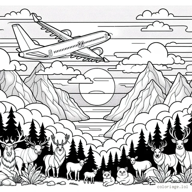Un avion est en plein vol au-dessus des montagnes. Une scène magnifique de coucher du soleil est visible en arrière-plan. Différents animaux sauvages peuvent être vus en bas, observant l'avion passer. Des nuages ornent le ciel, rendant l'image plus attrayante.