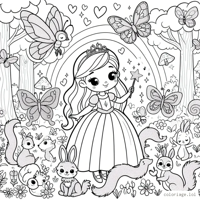 Imagine une petite princesse, entourée de ses amis les animaux dans une forêt enchantée. Il y a des papillons brillants, des écureuils joueurs, des lapins curieux et des oiseaux chanteurs tous autour d'elle. Elle tient une baguette magique scintillante. La forêt est remplie de fleurs merveilleuses, de grands arbres et d'un arc-en-ciel dans le ciel.