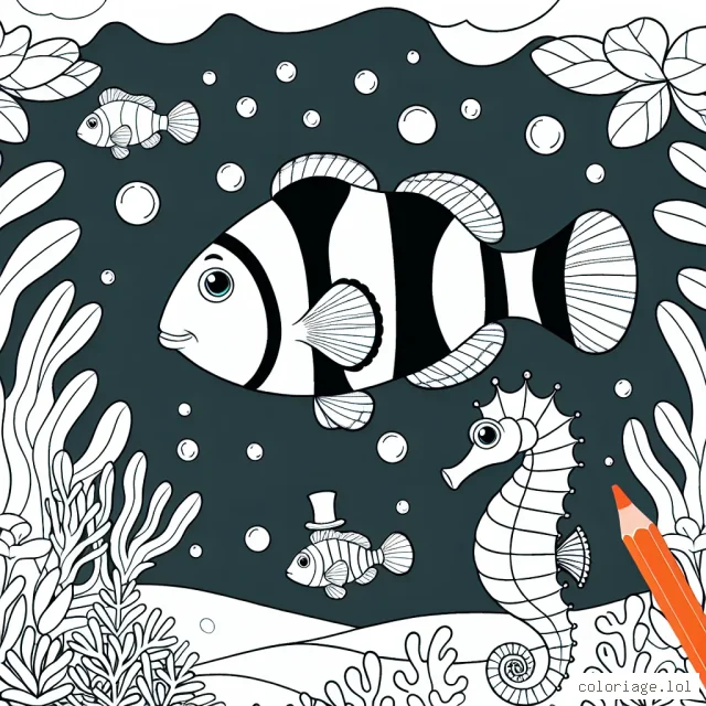 Un poisson clown se promenant dans une forêt sous-marine enchantée, accompagné d'un hippocampe portant un chapeau haut de forme