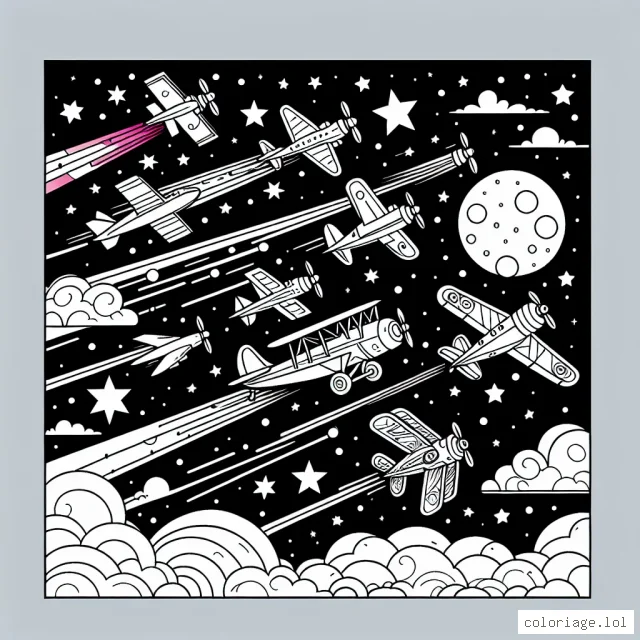 Imagine et crée un vol majestueux d'avions traversant le ciel étoilé et lunaire. Tu auras aussi l'occasion de colorier des avions de différents modèles avec d’intéressants designs, des motifs uniques et des explosions colorées des réacteurs.