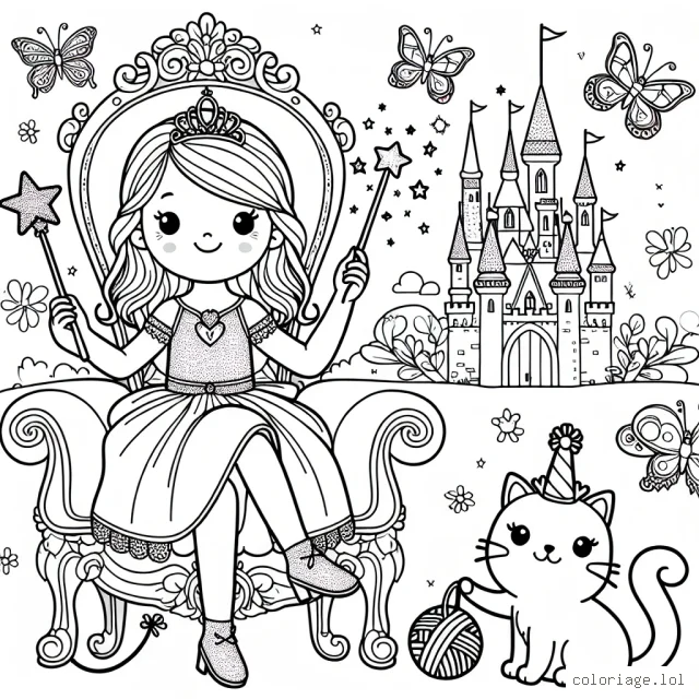 Une jeune princesse assise sur un trône élégant, tenant une baguette magique en forme d'étoile. Un joli petit chat est à ses pieds, jouant avec une pelote de laine colorée. Autour d'elle, un royaume fantastique avec des châteaux, des licornes et des papillons volants.