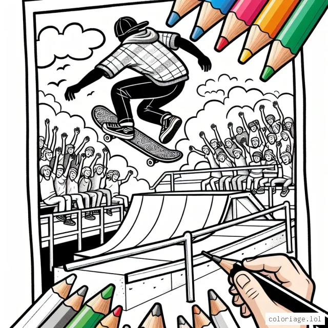Votre enfant doit apporter des couleurs à cette scène passionnante d'un skateur effectuant un saut audacieux au-dessus d'une rampe dans un skatepark, tout en étant entouré de spectateurs qui l'encouragent. Aidez-le à exprimer sa créativité en ajoutant des nuances vives et exaltantes à cette image de sport extrême!