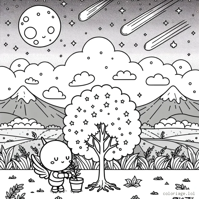 Sur une grande plaine, un petit robot ailé est en train de planter un arbre. La lune brille dans le ciel étoilé et une comète est en train de passer.
