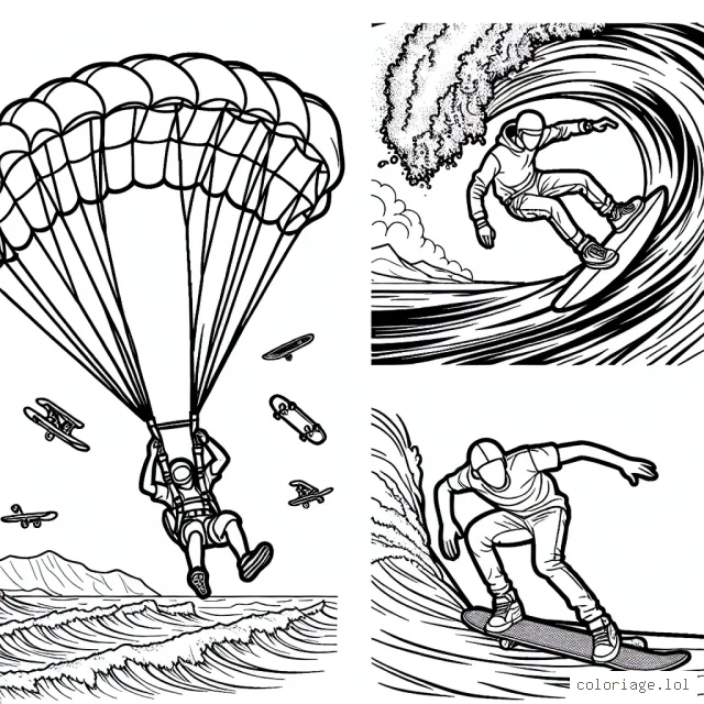 Un athlète en plein saut en parachute, un surfeur audacieux sur une vague massive et un skateur effectuant une figure acrobatique dans un parc à skate. Dessinez et apportez de la couleur à ces scènes passionnantes.