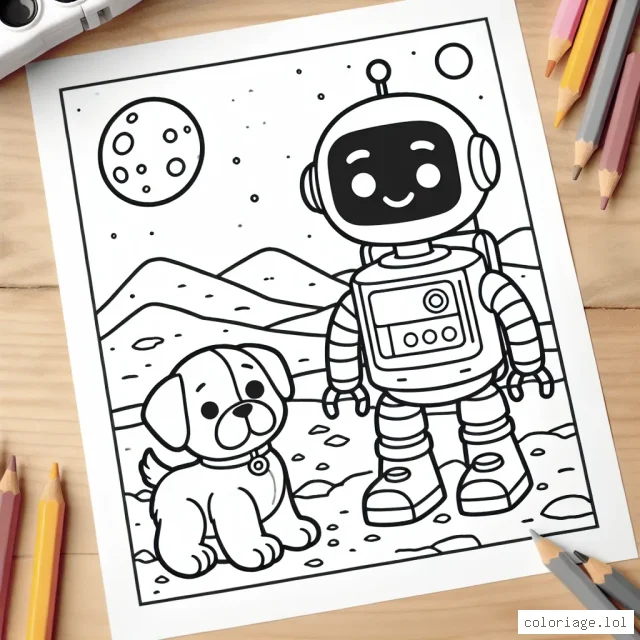 Un robot amical joue avec un chiot sur la planète Mars.