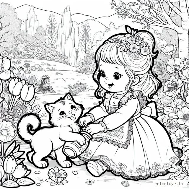 Une petite princesse jouant avec son chat dans un jardin fleuri au printemps