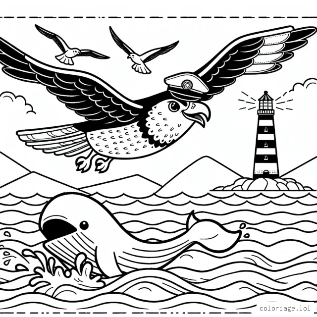 Imagine un faucon stylisé portant une casquette de capitaine et volant au-dessus de l'océan. Dans l'eau, il y a une baleine éclaboussant joyeusement de l'eau avec sa queue. Sur le rivage, il y a un phare avec des mouettes tournant autour du sommet.