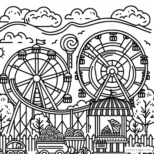 Dessine ton propre parc d'attractions avec des montagnes russes, une grande roue, un carrousel et quelques stands de barbe à papa et de popcorn ! N'oublie pas les visiteurs, les arbres et les feuilles aux alentours. Joue avec les couleurs pour rendre chaque attraction unique.