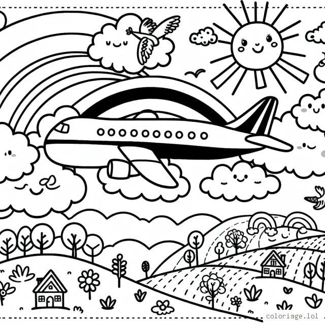 Dessinez un avion de ligne volant au-dessus du ciel avec des nuages, un soleil souriant, et des oiseaux, tandis qu'en bas, la campagne s'étend avec des collines, des maisons, des arbres et un arc-en-ciel