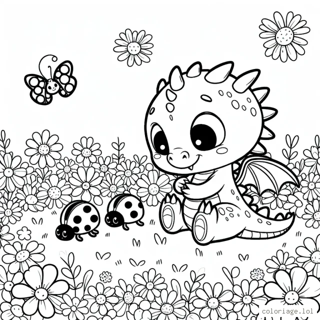 Un petit dragon gentil et mignon jouant avec des coccinelles dans une prairie remplie de fleurs de toutes les couleurs