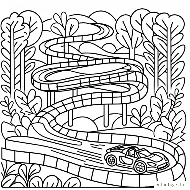 Dessine une course de voitures passionnante sur une piste animée qui serpente à travers une jungle luxuriante.