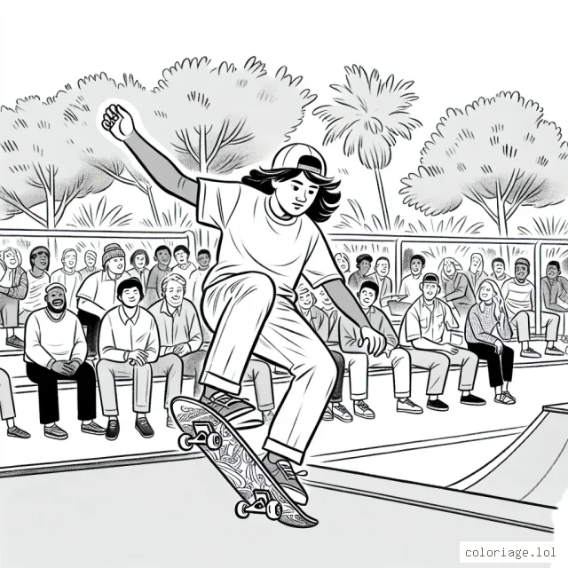 Dessine une scène passionnante montrant un skater professionnel effectuant un saut incroyable sur une rampe dans un skatepark, en arrière-plan des spectateurs étonnés.