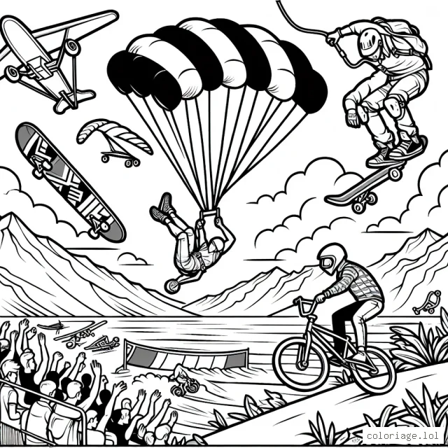 Imagine une scène remplie d'action avec différents sports extrêmes comme le saut en parachute, le skateboard extrême et le BMX. Met tout autant d'effort aux détails de fond comme les montagnes, les rouleaux de l'océan et la foule en délire dans les gradins.