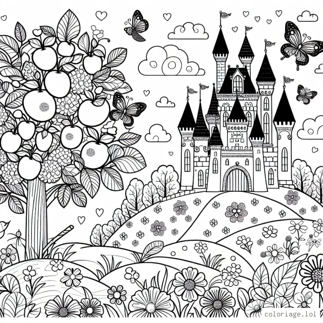 Un magnifique château de fantaisie sur une colline fleurie, entouré d'arbres fruitiers en fleurs et de papillons colorés.