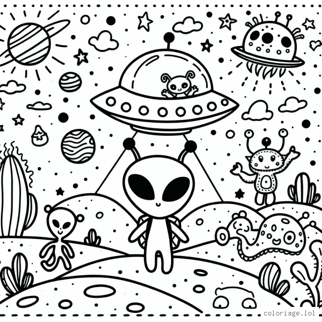 Un petit alien rigolo sur sa nouvelle planète, avec sa soucoupe volante et divers personnages extraterrestres.