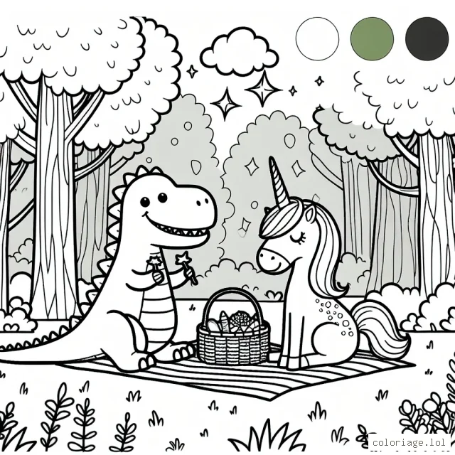 Un dinosaure amical partageant un pique-nique avec une licorne magique dans une clairière de forêt enchantée