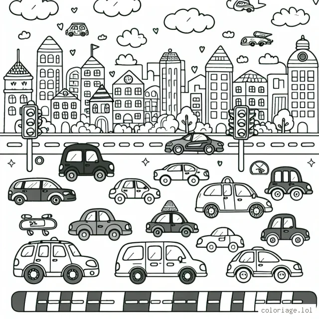 Affiche une variété de voitures par marque devant un joli paysage de ville rempli de bâtiments, de feux de circulation et de routes.
