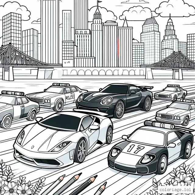 Dessine une course de voitures animées, entre des voitures sportives modernes, des voitures classiques, et des voitures de police, tout cela dans un beau paysage urbain.