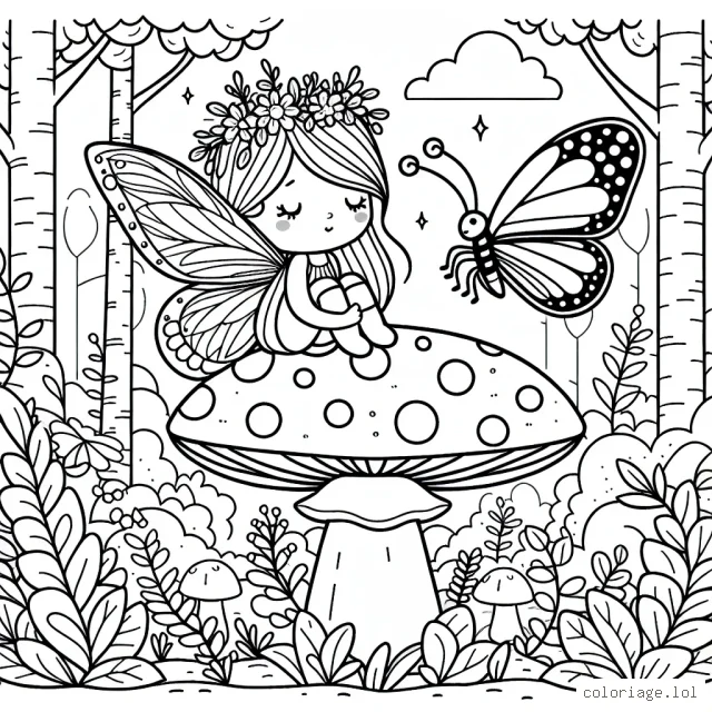 Une scène féerique représentant une petite fée dans un paysage de forêt enchantée, solitaire sur un champignon avec son ami papillon.