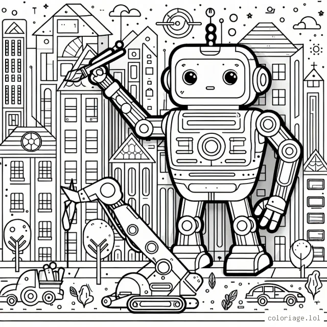 Dessine un robot géant qui aide avec des rénovations dans une ville imaginaire!